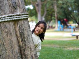 Cute little girl is peeking behind a tree, having fun playing playing peek-a-boo in a sunny garden. Smiling child in the park photo