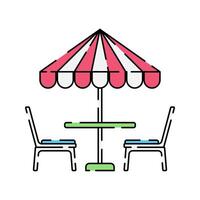 Beach Umbrella with Table and Chairs Icon Illustration with bright color palette in flat design style. Perfect for vacation, travel, and summer themed designs. vector