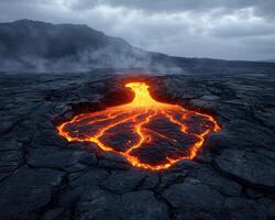 Dramatic volcanic landscape with glowing lava flow photo