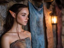 Mysterious elf like woman in a dark, moody setting photo