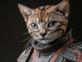Close up portrait of a tabby cat with intense green eyes photo