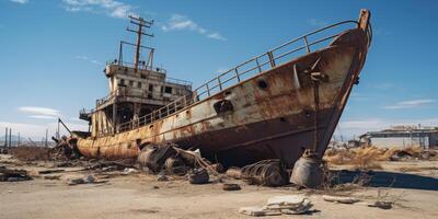 Abandoned and rusted ship on shore photo