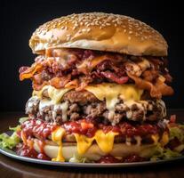 Delicious cheeseburger with bacon and toppings photo