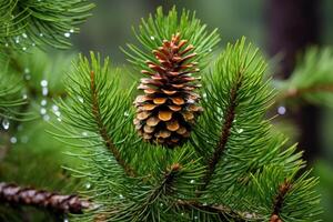 Close up of a pine cone on a pine tree branch photo