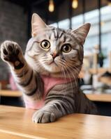 Curious cat looking up with paws raised photo