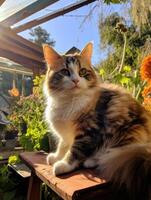 Curious cat in a garden photo