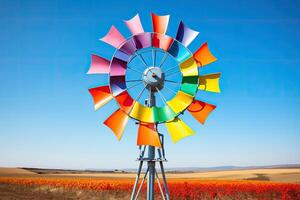 Colorful windmill on a field with blue sky photo