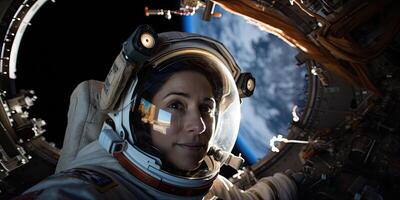 astronaut in space looking through window photo