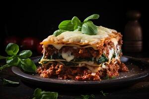 Delicious homemade lasagna with spinach and cheese photo