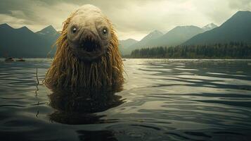 Mysterious creature emerging from serene lake photo