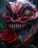 Monstrous creature with sharp teeth and a red rose photo