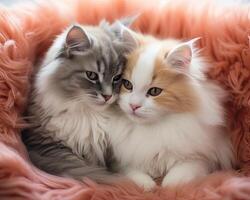 Adorable fluffy kittens cuddling on soft pink background photo