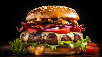 Delicious Cheeseburger with Bacon and Vegetables photo