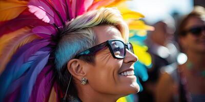 Vibrant portrait of a person with colorful feathers photo