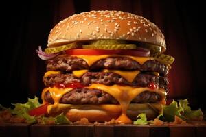 Delicious cheeseburger with melted cheese, pickles, and sesame seed bun photo