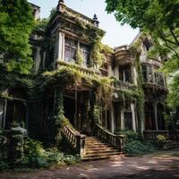 Overgrown abandoned mansion with lush greenery photo
