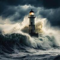 Powerful waves crashing against a lighthouse during a storm photo