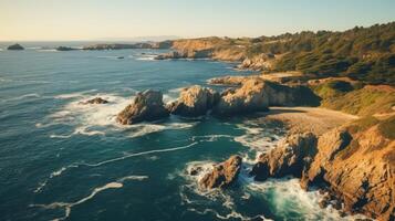Stunning coastal landscape with rocky cliffs and crashing waves photo