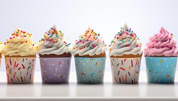 Colorful cupcakes with sprinkles and frosting photo