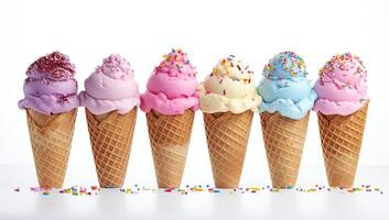 Colorful ice cream cones in a row photo