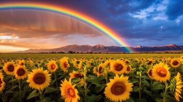 Vibrant Sunflower Field with Dramatic Rainbow photo