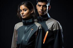 futuristic fashion models in sleek black and gray outfits photo