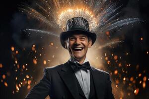 smiling man in tuxedo and top hat with fireworks display photo
