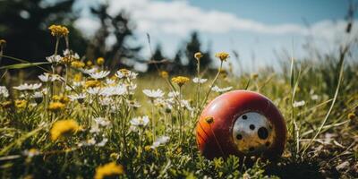 Colorful wildflowers and a red ladybug in a field photo