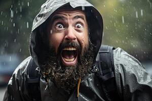Surprised man with beard in rain photo
