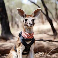 cute kangaroo with polka dot scarf in the bush photo
