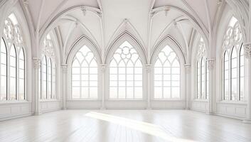 Ornate gothic cathedral interior with arched windows photo