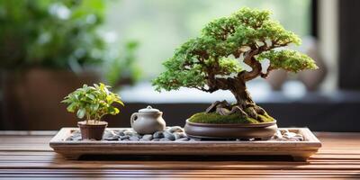 Tranquil bonsai tree garden scene with teapot photo