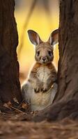 Curious rabbit peeking out from behind tree photo