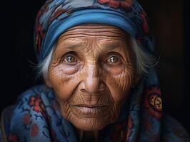 Weathered face of an elderly woman photo
