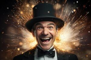 smiling man in tuxedo with fireworks background photo