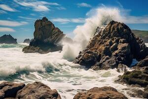 Powerful waves crashing against rugged coastal rocks photo