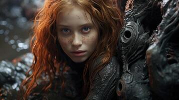 Mysterious redheaded girl in the forest photo