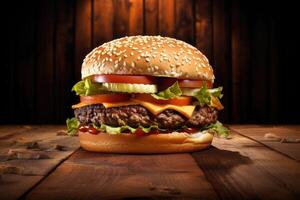 Delicious cheeseburger on wooden background photo