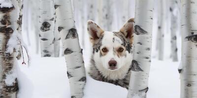 Curious dog peeking through snowy birch trees photo