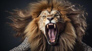 Fierce roaring lion with flowing mane photo