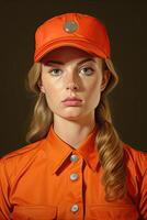 woman in orange uniform with serious expression photo