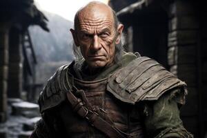 Rugged warrior with weathered face and intense expression photo