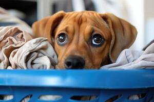 Adorable dog with big eyes peeking out from a cozy blanket photo