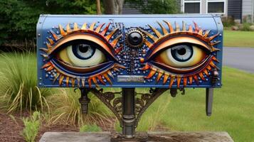 Artistic mailbox with vibrant eyes and spikes photo