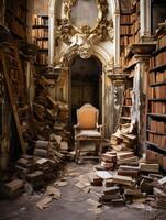 Abandoned library with ornate architecture and piles of old books photo