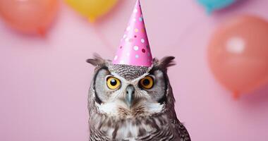 close up of an owl wearing a polka dot party hat photo