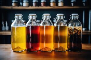 Assortment of homemade fermented drinks in glass bottles photo
