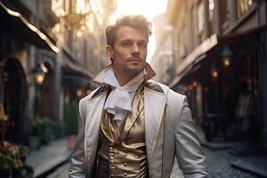 Handsome man in elegant attire walking down a city street photo