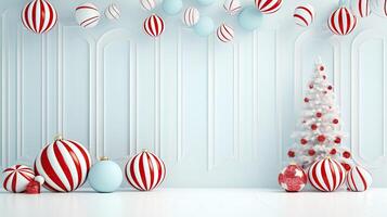 festive christmas holiday background with decorative ornaments and tree photo