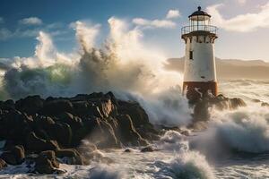 Powerful waves crashing against a lighthouse on a rocky coastline photo